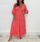 Robe trapèze en coton et lin à col en V et manches cloche